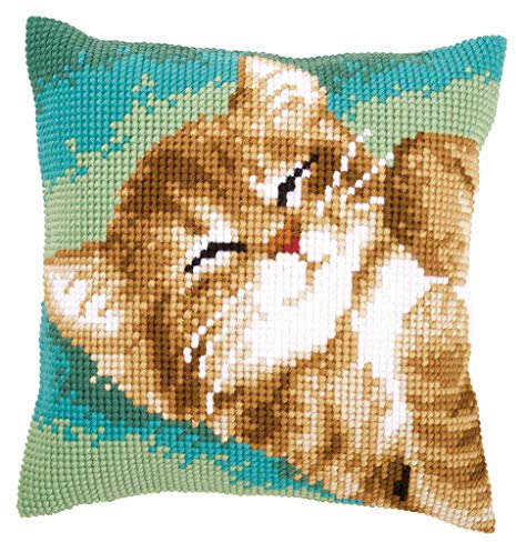 VERVACO Kreuzstich Stickpackungen Kissen Stickerei Set Anfänger Vorgedruckt Katze DIY Set Kreativ Set Für Erwachsene Dekoratives Kissen ca. 40 x 40 cm Bastelset Handwerker Haus Dekoration