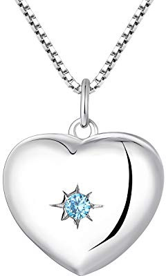 YL Collar con medallón de corazón, plata de ley 925, colgante personalizado con foto, joyería de piedra natal para mujeres, regalos para madre y mamá, Oro Blanco Plata esterlina, Circonita, circonita.