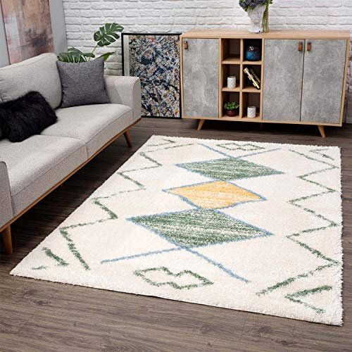 carpet city Teppich Shaggy Hochflor - Ethno-Stil 120x160 cm Creme Grün Gelb - Moderne Teppiche Wohnzimmer