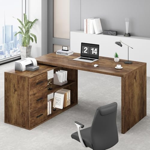 HSH L Shape Home Office Desk with Drawers, L-Shaped Computer Desk with Storage Cabinet Shelves, Wood Executive Desk for Writing Work, Reversible Study Table in Bedroom Living Room, Rustic Brown, 140cm