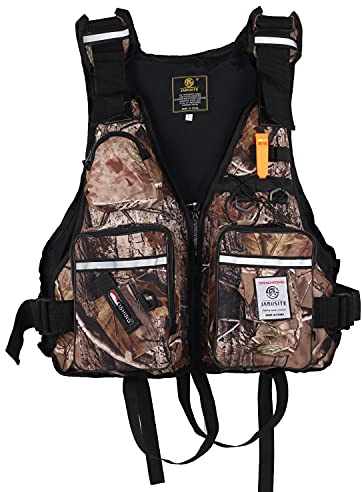 JKSPORTS Fishing Vest Safety Life Jacket for Swimming Sailing Boating Kayak Floating Multifunction for Men and Women Vest/Kayak (One Size(100-220 pounds),Leaf camo)