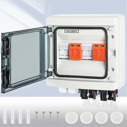 Warmfay Überspannungsschutz PV DC1000V Blitzschutz PV Installation 20-40 KA, Überspannungsschutz Solarüberspannungsschutz, 2 Saiten, 8 Module mit 16A Sicherung, IP65 Wasserdicht u