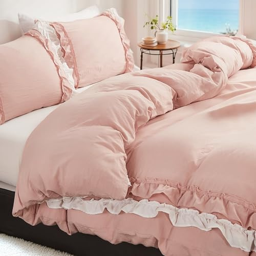 Wotcsil Pink Ruffle Bedding Set for Women Girls Ruffled Single Duvet Cover Set Plain Duvet Cover Shabby Chic Retro Double-Layer Frill Edge Design with Pillowcase