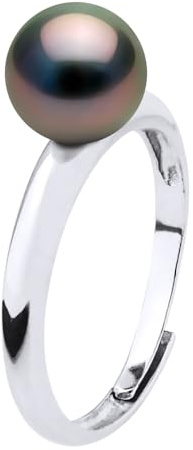 PEARLS & COLORS - Bague Prestige Véritable Perle de Culture de Tahiti Ronde 7-8 mm - Qualité A+ - Argent 925 - Taille Ajustable - Bijou Femme