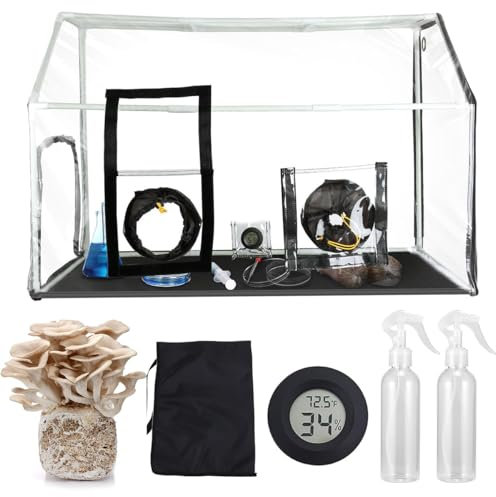 Caja de aire quieto para cultivo de hongos, kit portátil de monotubo de hongos, tienda de campaña contenedor de cultivo de hongos con 2 pulverizadores y termómetro, bolsas de cultivo de hongos de