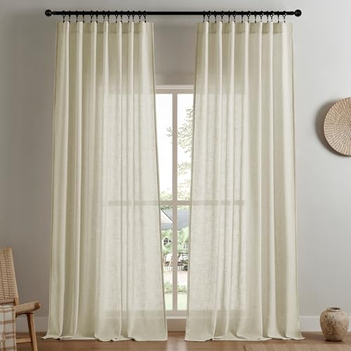 Joydeco Cream Linen Curtains, 2 Panel Sets, W52 x L72 Inch, Modern Pinch Pleat, Semi-Sheer, Light Filtering, Living Room