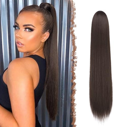 FESHFEN Queue de Cheval Cordon Droit, 70 cm Longue Ponytail Cheveux Naturel Postiche Marron Synthétique Rajout Queue de Cheval Drawstring Ponytail Extension pour Femmes