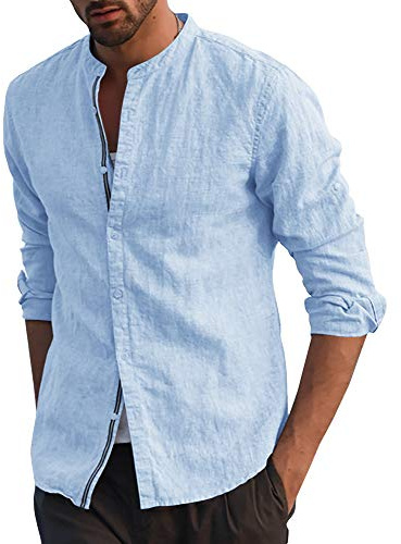 Runcati Camisa de manga larga de algodón para hombre, cuello alto, camisa informal de lino ligero, azul, L