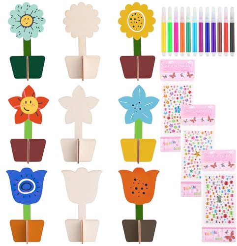 Svalor 9 Stück Blumen Holzbastelsets für Kinder,Bastelset Kindergeburtstag,Holz Basteln Kinder,Blumen aus Holz,für Kinder zum Basteln, Gestalten und als Dekoidee
