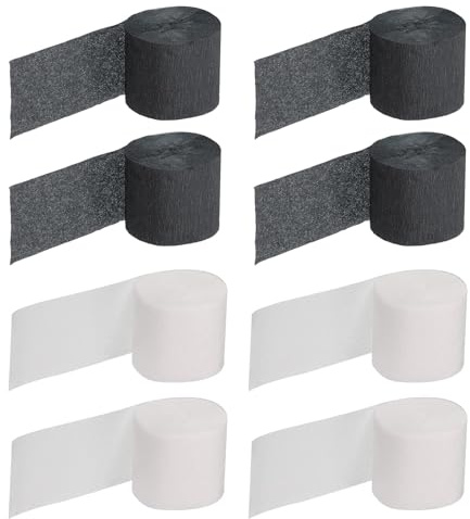 TOP-VIGOR Lot de 8 rouleaux de papier crépon arc-en-ciel à suspendre pour fleurs, emballage cadeau, anniversaire, décorations de fête, 3,5 cm x 10 m, noir/blanc