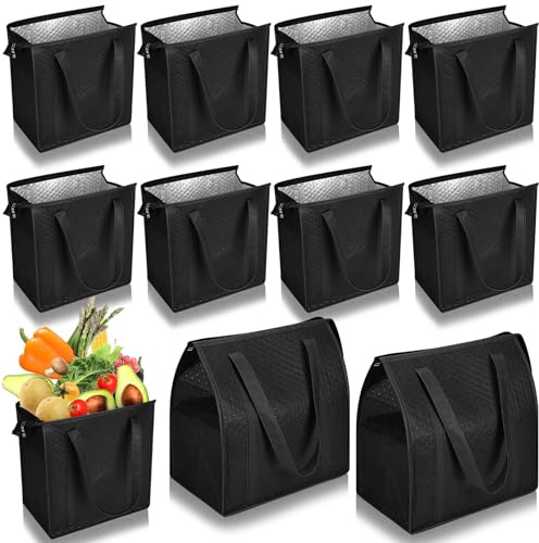 Locmeo 10 Pack Large Insulated Grocery Bags Reusable Shopping Bags with Zippered Top 13 x 12 x 7 Inch Thermal Cooler Totes Bulk with Handles for Hot Cold Food Delivery Refrigerator (Black)