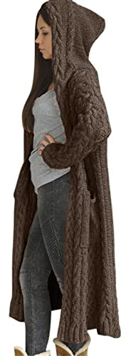 Cardigan Long Femme Capuche Grande Taille Gilet Tricoté Torsadé Manche Longue Veste Capuche Chandail Hiver Chaud Pull Manteau ÉPais Avec Poches Blouson Gilet Grosse Maille Ample Sweater Outwear Chic