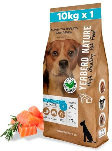Yerbero Hundefutter 10Kg mit Lachs & Reis für Hunde mit sensibler Verdauung - Trockenfutter für Hunde ohne Gluten für glänzendes Fell - Hundefutter hypoallergen mit Omega 3 (Lachs, 10 kg)