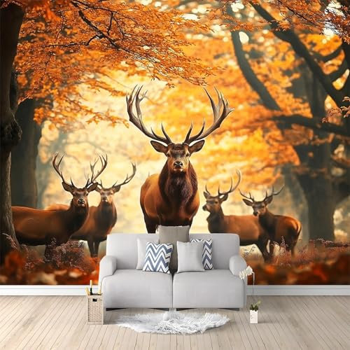 Papier Peint Panoramique Moderne, Cerf Animal De La Forêt D'Automne, 200x140 cm, Intissé, Tapisserie Photo, Papier Peint Mural pour Salon, Chambre, Fond Décor TV, Générique