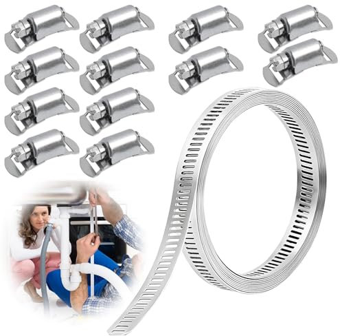 Abrazaderas Metalicas para Tubos, Acero Inoxidable 304 para Tubos, Correa Metálica Perforada de 3.5m y 12 Piezas de Sujeción, para Tuberías de Gas, y Tanques en Ambientes Exteriores e Interiores