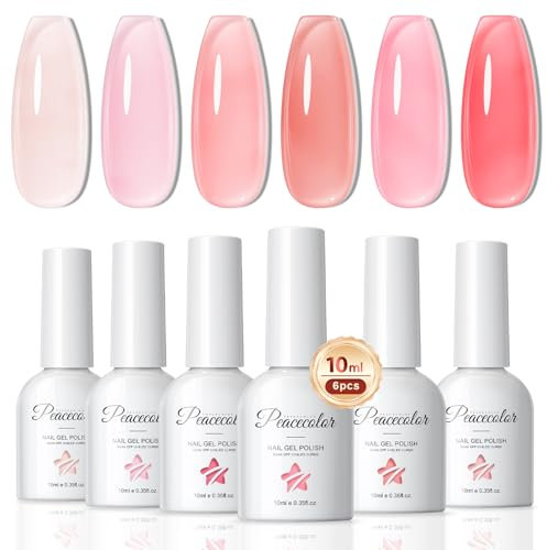PEACECOLOR Gel Nail Polish Set 6 Colours Nude Pink Jelly Gel Polish Set 10ML Soak Off Pink Nail Art DIY Manicure Salon and Home Colours for Nails Soak off U V LED Gift for Women