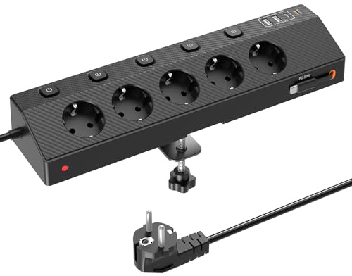 Tischsteckdose Steckdosenleiste mit 2 USB C (PD 30W), PASSUS 5 Fach Mehrfachsteckdose Schreibtisch mit Überspannungsschutz & Einzeln Schaltbar, 10-in-1 Ecksteckdose mit 2M Kabel für Büro, Schwarz
