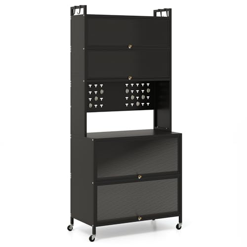 GiantexUK Kitchen Cupboard on Wheels, 6 Tier Bakers Rack Microwave Stand with Translucent Flip Doors, Pegboard & Hooks, Freestanding Pantry Cabinet for Dining Living Room