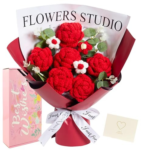 MAIBAOTA Red Roses Crochet Flowers Bouquet Knitted Flower Handmade Gifts for Women Girlfriend Lover Wife Wedding Birthday Anniversary Christmas Valentine's Day Graduation