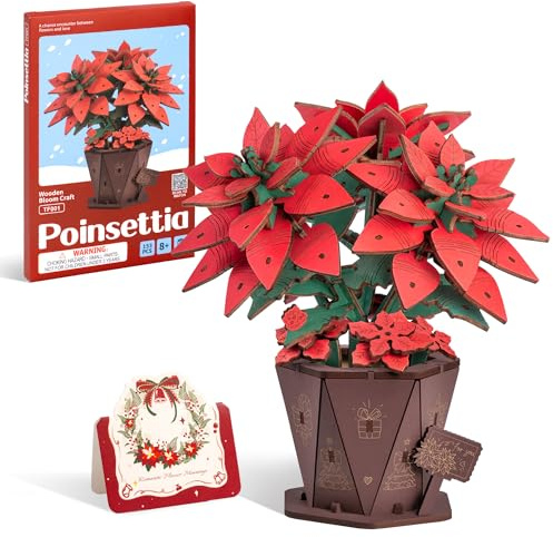 ROBOTIME Puzzle 3D Poinsettia en Bois, Kit de Modèle de Fleur Artificielle pour Adultes à Construire, Accessoires de Décoration Maison, Artisanat de Construction DIY, Cadeaux de Noël Créatifs