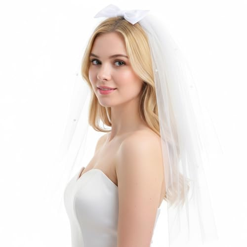 Nogeqi Bride Veil for Bachelorette Party, 24inch Wedding Short Veil with Bow and Pearls for Women, Bridal Shower Gift for Bride Wedding Hair Accessory (White)