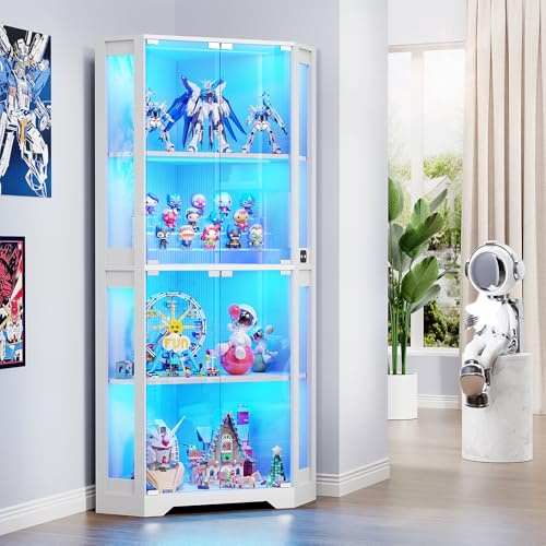 BROTTAR 4 Shelf Corner Display Cabinets with Glass Doors, 65 Tall Bookcase with Lights/Human Sensor, Display Case with Magnetic Lock for Storage Collectables Bedroom Living Room Office, White