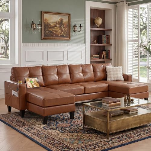 TYBOATLE 116’’ W Brown Faux Leather Sectional w/USB and Cup Holders for Living Room, Comfy Tufted U Shaped Sofa Couch w/Chaise Lounge, Office Leather Sofa for Bedroom