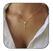 WATEFOER Collier Longue en Y pour Femme, Colliers Lariat délicat Plaqué Or 14k avec Pendentif en Zircone Collier Long en Étoile Feuille Bijoux Cadeaux pour Vacances d'été Noël