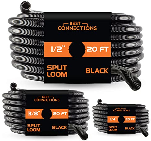 BEST CONNECTIONS 3-Pack (1/4, 3/8, 1/2 x 20 ft Each) Assorted Split Wire Loom Flex-Guard Convoluted Tubing – Protective Split Cable Sleeves/Conduit for Automotive Home Industrial Electrical – Black