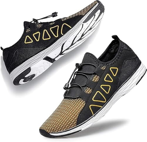 Raoendis Mens Womens Water Shoes - Unisex Aqua Beach Kayak Shoes Water Trainers for Swimming Sailing Diving Lake Black Gold Size 7