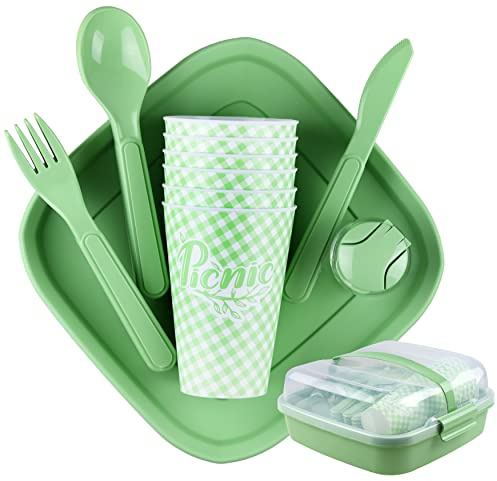 Tribello Camping Picnic Dishes Set with Case, 32 Plastic Reusable Cutlery - BPA Free, Microwave / Dishwasher Safe