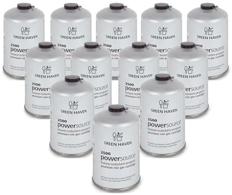 Green Haven Premium C500 Gas Canisters - 12 Pack Gas Cartridges for Camping Stoves & More, High Performance Propane-Butane- Isobutane Mix with Resealable Valve Cartridges, EN417 Cartridge (12 Pack)