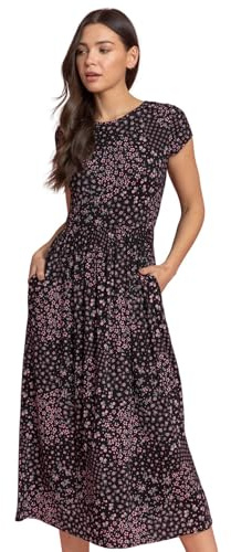 Roman Midi Dress with Pockets for Women UK Ladies Stretchy Jersey Maxi Long Short Sleeve Elasticated Gathered High Waist Boho Flattering Skater Swing Fit Flare - Black Pink - Size 12