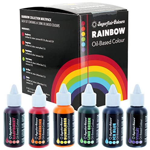 Sugarflair Oil Based Colour Lebensmittelfarbe Ölbasis Rainbow Set/6 - Hochkonzentrierte Lebensmittel Farbe Ölbasis - Raspberry, Tangerine, Bumblebee, Lime Green, Ice Blue, Violet - 6x30ml