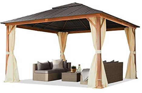 TOOLPORT Gartenpavillon 4x4 m Holzoptik, Stahldach Hardtop 4 Seitenteile in Champagner
