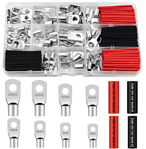 160 Piezas Terminales de Alambre Kit, Terminales Electricos Redondos, Terminales de Cable de Conexión SC Batería, Terminales de Cobre Estañado Pernos, con Manga de Aislamiento