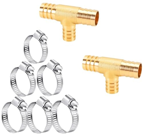 AOPANDA Brass Barb Tee Fittings 3/4 T-Shaped 3 Ways Union 3/4 ID Hose Pipe Fitting with 6pcs Stainless Steel Pipe Clamp, for Water/Fuel/Air (Pack of 2).