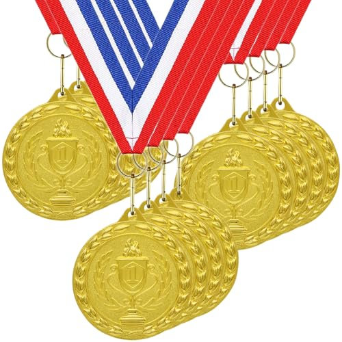 Donrime Medaillen für Kinder, 12 Stück goldene Metallmedaillen Siegermedaille mit Bandhalskette für Sporttagspreise, Turnwettbewerbe, Partygeschenke, Kinder Erwachsene