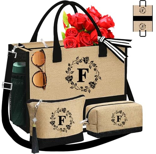Adoryoung Monogrammed Tote Bags, 3Pcs Birthday Gifts for Women Initial Personalized Jute Tote Bags for Her Female Sister Mom