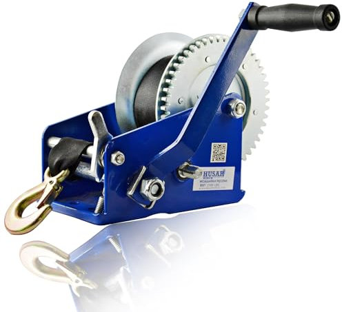 Husar Winch Treuil Manuel 2500 lbs 1133 kg avec Sangle 10 mètres, fabriqué en acier inoxydable, frein à cliquet, simple effet, pour bateaux, remorques, industrie