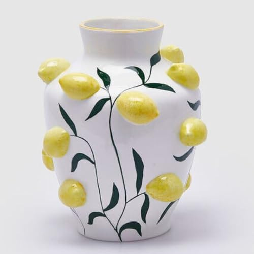 EDG Enzo De Gasperi Vaso Limoni Anfora H 26 Cm D 22 Cm Bianco e Giallo