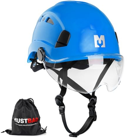 Mustbau hård hatt - Höjd uthållighet konstruktion säkerhetshjälm med visir, 53-63 cm justerbar för byggnadsställningar, konstruktion och klättring-EN12492