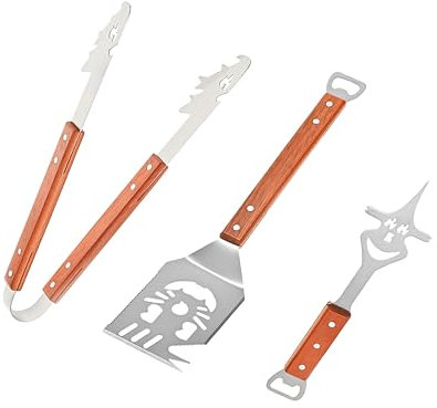 Accessoire Kit Barbecue 3 Pièces en Acier Inoxydable et Manche en Bois – Ustensiles Barbecue Professionnels avec Spatule INOX,Pince et Fourchette – Idéal Camping, Cadeau pour Père,Anniversaire