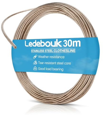 Ledebouk Stendibiancheria 30m, Cavo Stendibiancheria per Esterno, Filo per Stendere, Capacità di Carico 220 kg, Acciaio Rivestito in PVC Antiruggine, per Giardino, Campeggio e Esterno (Bianco)