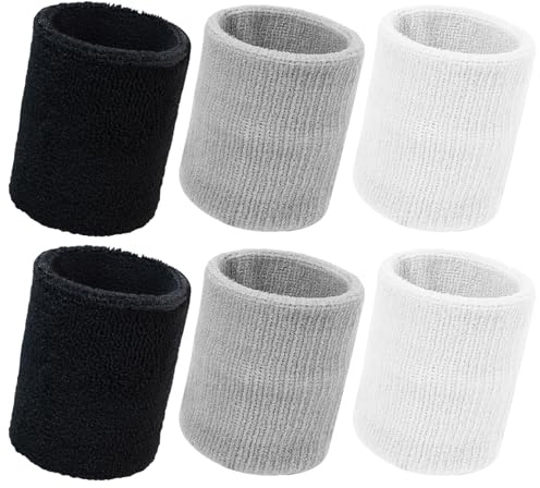 Sweatbands for Men and Women – 6 Pack Breathable Wristbands for Youth Sports, Soft and Stretchy Athletic Wrist Sweat Bands for Gym, Basketball, Running, Tennis, Workout, Black, White, Gray