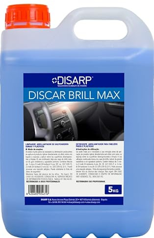 Disarp Brill MAX - Limpiador abrillantador de salpicaderos gomas, plásticos y salpicaderos. Sin disolventes y con perfume. Uso Profesional. Formato Ahorro 5L