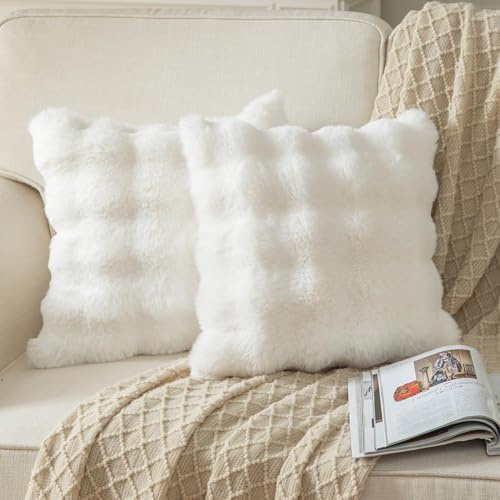 Lot de 2 housses de coussin de style minimaliste 45 x 45 cm - En fourrure synthétique douce - Pour canapé - Blanc