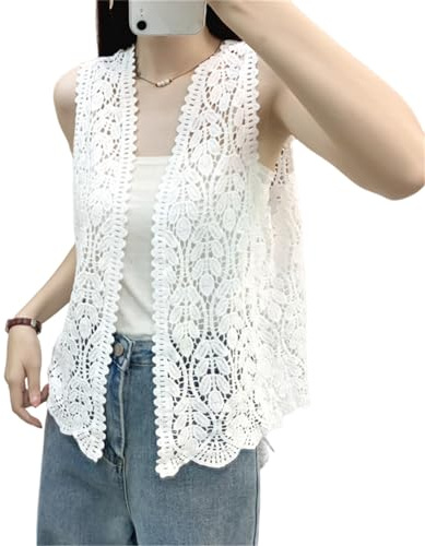 Limtula Cardigan da donna vintage scavato all'uncinetto lavorato a maglia senza maniche aperto davanti modello floreale gilet top gilet maglione lavorato a maglia cava cardigan senza maniche, bianco
