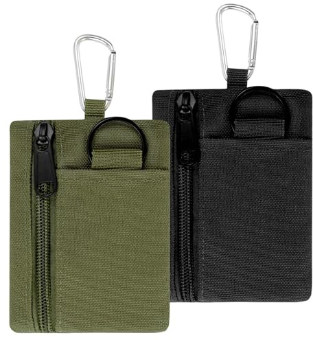 2 Pcs Coin Purse, Canvas Small Coin Purse Women Mens Coin Purse with Key Ring and Carabiner Zipper Portable Mini Pouch for Women Men (Green+Black)