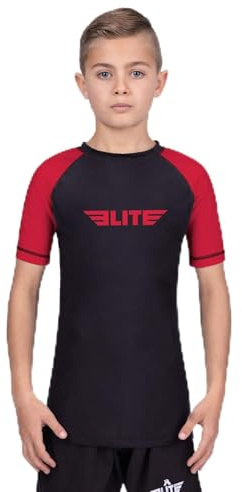 Elite Sports Kids Jiu Jitsu BJJ Rash Guard, Short Half Sleeve Compression Shirt for Youth Boys Girls Sports Nogi Training Red